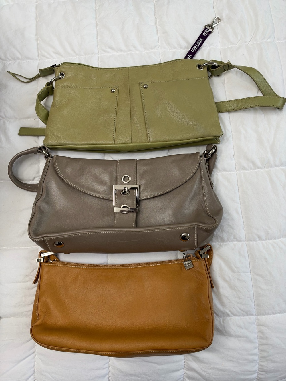 3 genuine Perlina leather camel , Sage and Taupe Purses in excellent condition.